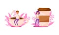 Boy sitting on edge of coffee cup. Girl leaned against disposal paper mug. Coffee lovers concept cartoon vector