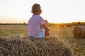 The boy is sitting in the field on a roll of hay with the setting sun. Farming and nature. Back view Royalty Free Stock Photo