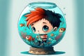 a boy is sitting in a fish bowl with a fish inside of it and looking at the fish inside of it, with a blue background with a blue Royalty Free Stock Photo