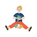 Boy Sitting on Floor and Making Origami, Hobby, Education, Creative Child Development Vector Illustration
