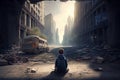 Boy sitting on the floor in the middle of a destroyed city. Generative AI