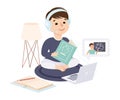 Boy Sitting on Floor and Read Textbook, Kid Desk Studying Online Using Computer, Homeschooling, Distance Learning Royalty Free Stock Photo