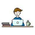 Boy sitting in front of the laptop. Male blogger. Flat vector illustration