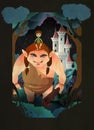 Boy sitting on giants head in front of forest and castle. Fairytale vector illustration