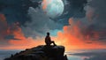 Boy sitting on the glowing moon, behind clouds in night sky