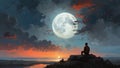 Boy sitting on the glowing moon, behind clouds in night sky