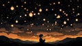 Boy sitting on ground under starry night sky with glowing hanging lights and orange horizon Royalty Free Stock Photo