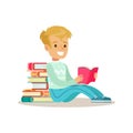 Boy Sitting With His Back Against Pile Of Books Who Loves To Read, Illustration With Kid Enjoying Reading An Open Book Royalty Free Stock Photo