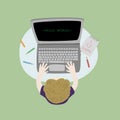 Boy sitting at his desk and coding with his laptop. Topview workspace vector illustration.