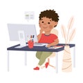 Boy Sitting at his Desk, Kid Studying Online Using Computer, Homeschooling, Distance Learning Concept Cartoon Style