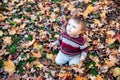 Boy Sitting on Leaf Covered Ground Looking Up