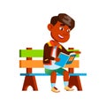 Boy Sitting On Park Bench And Reading Book Vector