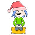 Boy sitting quietly waiting for christmas eve at home, doodle icon image kawaii