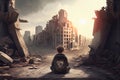 Boy sitting on the ruins of a destroyed building and looking at the sun. Generative AI