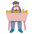 boy is sitting seriously playing card gambling and money is overflowing Royalty Free Stock Photo