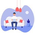 Boy sitting on the sofa with laptop . Freelance concept. Studying or working concept