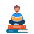 Boy sitting on the stack of books and reading book. Knowledge, creativity, discoveries. Educational banner. Back to school. Vector Royalty Free Stock Photo