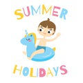 Boy sitting on swimming circle unicorn. Kid having summer holidays fun on inflatable ring