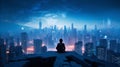 Boy sitting on top of a building and looking at the night city view Royalty Free Stock Photo