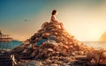 Boy sitting on top of a hugh pile of rubbish by the sea looking at the horizon during a sunset,