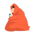 Boy Sitting Under Cozy Plaid with Hot Drink Mug, Teenager Drinking Beverage Wrapped in Red Blanket Vector Illustration