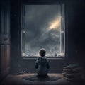 A boy sitting beside window watching storm outside