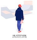 Boy with skateboard in skatepark line art illustration. Men with longboard poster, landing page, print. Street style teen look.