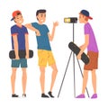 Boy Skateboarders Bloggers Streaming Online Recording Video with Camera on Tripod, Social Media Blogging Cartoon Vector