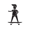 Boy skateboarding black vector concept icon. Boy skateboarding flat illustration, sign