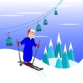 Boy skier in hat in blue sports suit, winter illustration in mountains