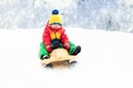 Boy on sled ride. Child sledding. Kid on sledge Royalty Free Stock Photo