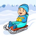 Boy sledding, cartoon character, hand drawing, winter kids fun. Cute happy child in blue jumpsuit joyful rides in sled on snow Royalty Free Stock Photo