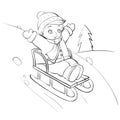 Boy sledding from a large roller coaster in the forest, outline drawing, isolated object on a white background, vector Royalty Free Stock Photo