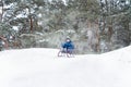 Boy sledding in a snowy forest. Outdoor winter fun for Christmas vacation. Royalty Free Stock Photo