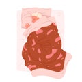 Boy sleeping in bed, top view of sleepy little child lying on pink comfortable pillow