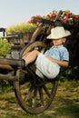 Boy sleeping in garden on the carriage Royalty Free Stock Photo