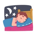Boy Sleeping in His Bed at Night, Cute Child Daily Routine Activity Cartoon Style Vector Illustration on White
