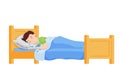 A boy sleeps in bed with his arms around a robot toy. Cartoon nice, cute character. The child smiles in his sleep. Night rest.