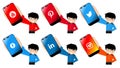 Boy with smartphone with social network icons, cartoon, isolated.