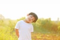 Boy smile happy in the morning, there is a backyard. Royalty Free Stock Photo