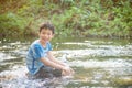 Boy smiling while palying in the river