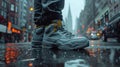 A boy in sneakers on the street stands in a puddle in a neon light