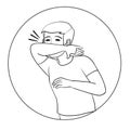 Boy sneezes in the elbow, outline drawing, isolated object on a white background, vector illustration,