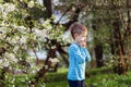 Boy sneezes in the park against the background of a flowering tree because he is allergic Royalty Free Stock Photo