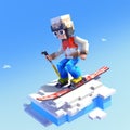 Voxel Art Snowboarder: Playful 8-bit Cartoon Character Skiing On Blue Hill