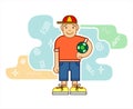 Boy With A Soccer Ball, Cartoon Character. Little Boy Soccer Player In A Baseball Cap, T-shirt, Shorts. For Printing On Fabric, T- Royalty Free Stock Photo