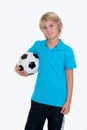 Boy with soccer ball in front of white background Royalty Free Stock Photo
