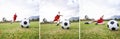 Boy, soccer and collage of slide tackle on green grass or field for outdoor match or game. Male person, child or