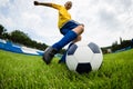 Boy soccer player hits the ball Royalty Free Stock Photo