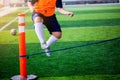 Boy soccer player perform coordination and strength drills by jumping over rope on on green artificial turf